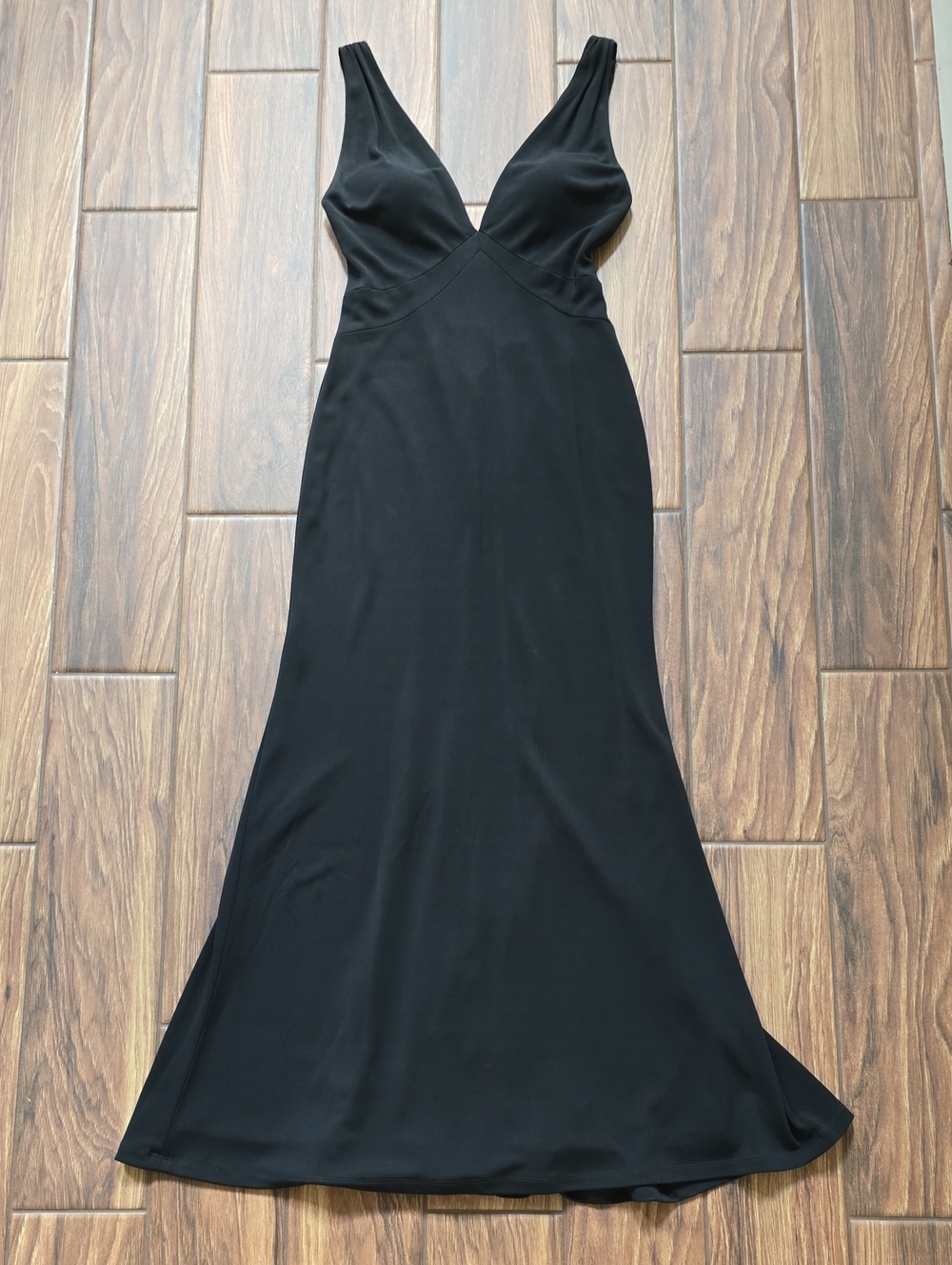 SELINA Designer Classic Black Sleeveless Evening Gown With V-Neck and Low Back.